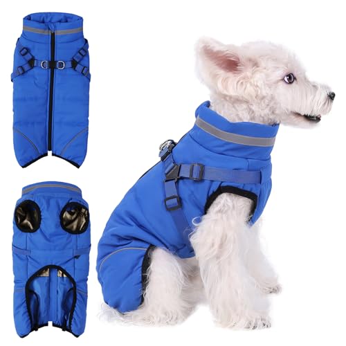 Poseca Hundejacke Hundemantel mit Geschirr Hunde Winterweste Gefüttert Wasserdicht Gepolsterte Weste Mit Brustgurt Welpen Reißverschluss Warme Jacke