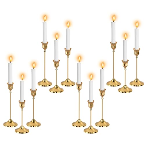 12pcs Gold Candle Holders, Candlestick Holders Taper Candle Holders for Pillar Candles Sticks Holder Decor Halloween Christmas Decorations Candle Candelabros para Centros de Mesa