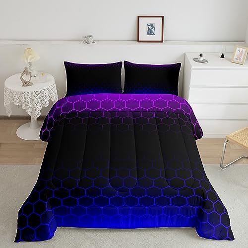 Image of Honeycomb Bedding Set Full Size, Purple Blue Ombre Comforter Geometrics Hexagon Comforter Set for Kids Boys Girls Beehive Hexagon Duvet Set Breathable Room Decor Microfiber Bed Set