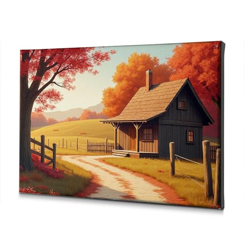 Toile d'automne 40x60 pour salle de bain et baptême : cabane chaleureuse