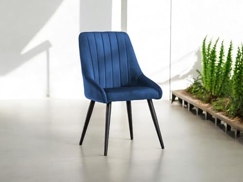 Image of Finch Fox Morris Velvet Dining Chair for Living Room, Bedroom, Home Office with Black Metal Legs in Dark Blue Color