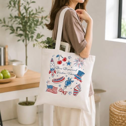 Bolso tote de lona patriótico con estrellas y rayas, regalo para el 4 de julio, ideal para verano, playa y fiestas, 35 x 40 cm miniatura 2