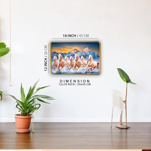 Image of Vastu 7 Seven Running Horse Photo Frame, Golden Slim Frame, Sparkle Coated Lamination, 30x45 cm (Design 1)
