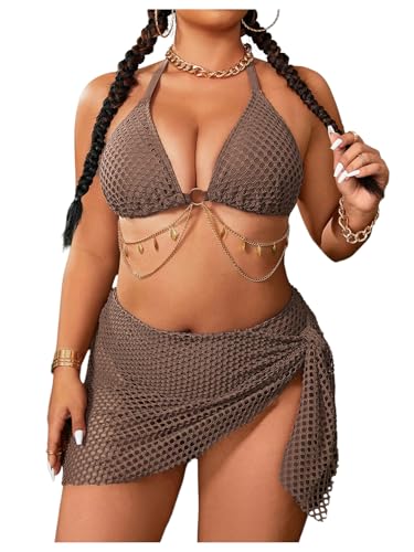MakeMeChic Women's Plus Size 3 Piece Bikini Sets Halter Triangle Tie Back Ring Hollow Out Swimsuit with Cover Up Skirt