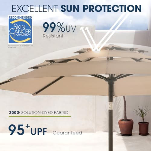 wikiwiki 9 FT Patio Umbrellas 3-Tiers Outdoor Table Market Umbrella with Push Button Tilt/Crank, Fade Resistant Waterproof POLYESTER DTY Canopy for Garden, Lawn, Deck, Backyard & Pool, Tan