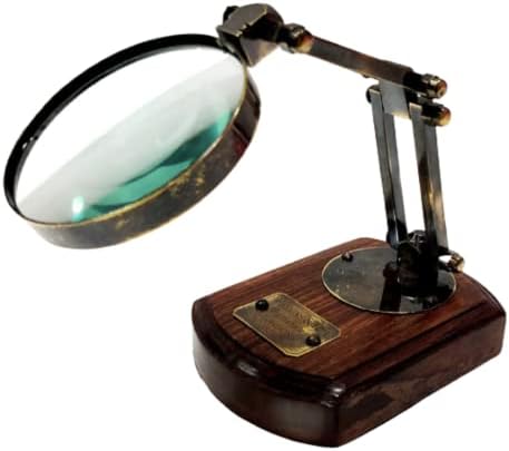 Vintage Magnifying Glass for Survival, Brass Compass Classic Nautical Desk Decor Magnifier Workplace Decor Wooden Base Marine Magnifier Present by Distinctive Vintage MART.
