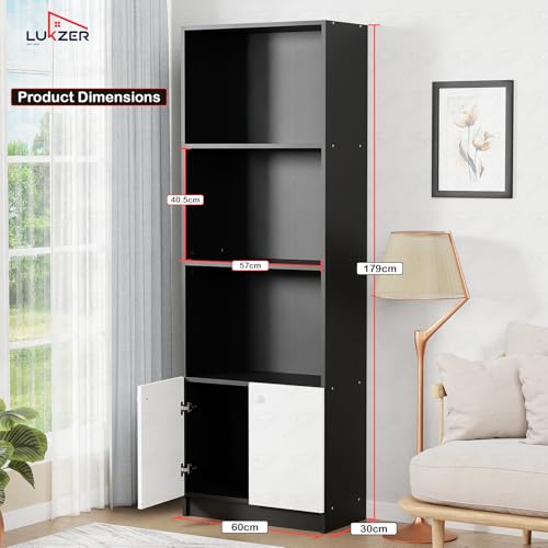 Image of Lukzer 4-Tier Engineered Wood Bookshelf with Cabinet (MR-020-Black) Multipurpose Wooden Book Shelf Showcase | Tall Storage Cabinet Bookcase for Home & Office | Modern Display Shelf (178 x 60 x 30 cm)