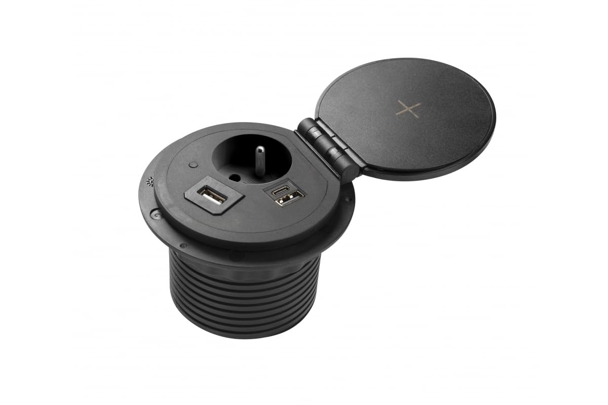 GTV Gniazdo meblowe Charger Plus, ładowarka indukcyjna 5 W, USB-A/HDMI/RJ-45, bardzo płaski profil, idealne do biurka i blatów kuchennych