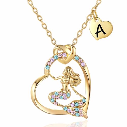 K-Acc 14K Gold-Plated Mermaid Initial Heart Necklace - Gifts for Girls