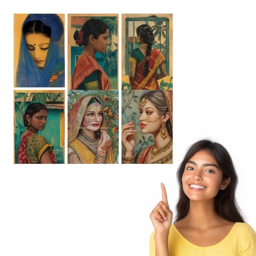 Image of SiddArtify Set of 6 Indian Women Art Prints - Portrait Paintings - Warm Color Palette - Sticker - 8x12 Inch - Pack of 6 Wall Room Decoration art Poster Prints