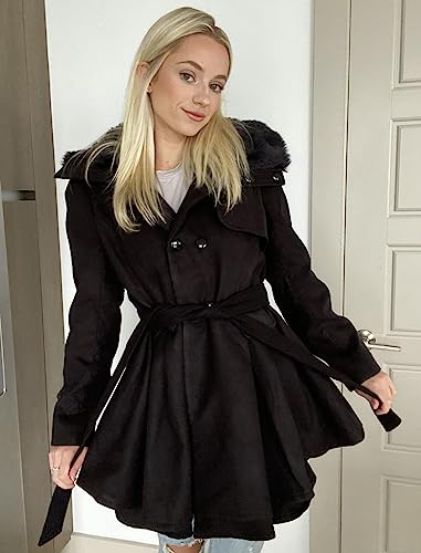 Zeagoo Women's Fashion Faux Fur Lapel Double-Breasted Thick Wool Trench Coat Winter Warm Jacket S-2XL