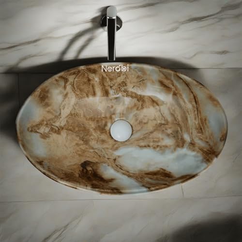 Image of Designer Counter Top Wash Basin | Tabletop Ceramic Bathroom Sink | Wash Basin Over Counter | Wash Basin For Bathroom, Living Room (24 x 15 x 6 Inch) (Glossy Brown N White)