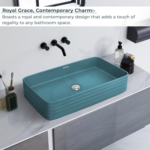 Image of Plantex Ceramic Designer Washbasin for Bathroom /Countertop Bathroom Basin /Rectangle Tabletop Wash Basin for Restaurant /Hotel (Harmony Blue - 26 x 15 x 5 Inch)