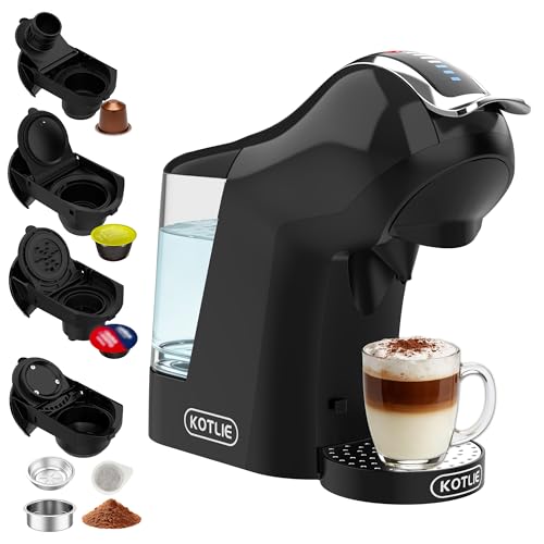 KOTLIE Cafetera de cápsulas 5 en 1, 19 bar, multi cápsulas para Nespresso, Dolce Gusto, ESE Pads(44 mm)/café en polvo, depósito de agua de 1 L, 3 temperaturas/7 cantidades de agua, color negro