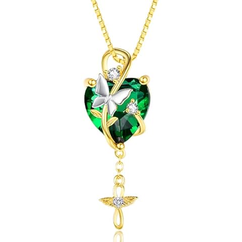 Birthstone Heart Cross Necklace for Women, butterfly Pendant 14K Gold /18K White Go...