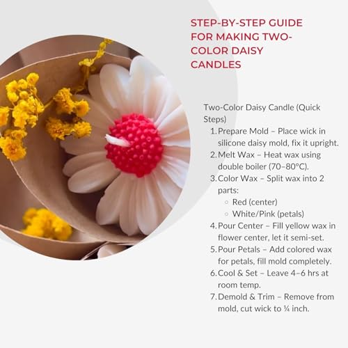Image of Candle Making Kit | Daisy Flower Candle Molds (6.5x6.5x2 cm) with 250g Soy Wax, 10 Wicks & 3 Pigment Colors | DIY Candle Making Supplies Set