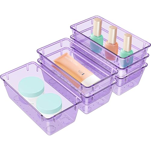 Image of WOWBOX 6 PCS Clear Plastic Drawer Organizer Set, Desk Drawer Divider Organizers and Storage Bins for Makeup, Jewelry, Gadgets for Kitchen, Bedroom, Bathroom, Office, Purple