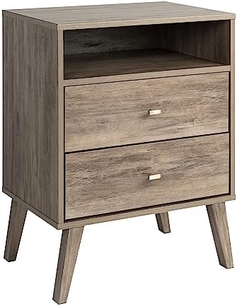 PrepacMilo Mid-Century Modern Nightstand, 2-Drawer with Open Shelf, Drifted Gray