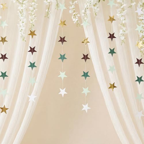 Image of Patelai 130 Feet Glitter Star Garland Banner 2026 Party Decoration Double Side Star Hanging String Streamer Paper Twinkle for Graduation Wedding Birthday (White,Light /Dark Green,Brown,Gold)
