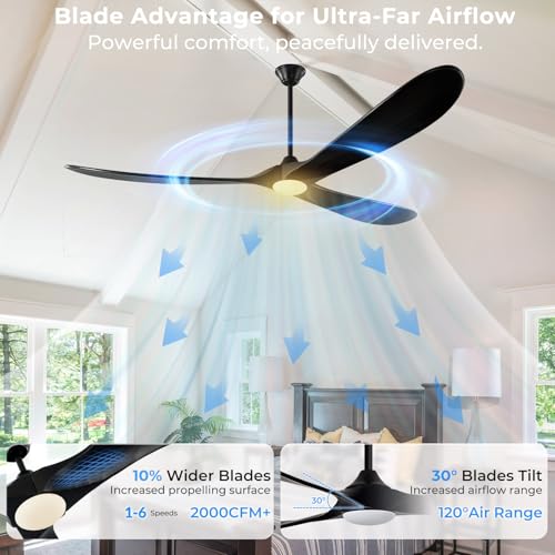Image of 72 inch Outdoor Ceiling Fans with Lights-Glass Lamp, Large Damp Rated Wood Propeller Blades for Big Patios & Porch, Smart APP and Remote Control, 3 Blades Dimmable LED Ceiling Fans, High CFM-Black