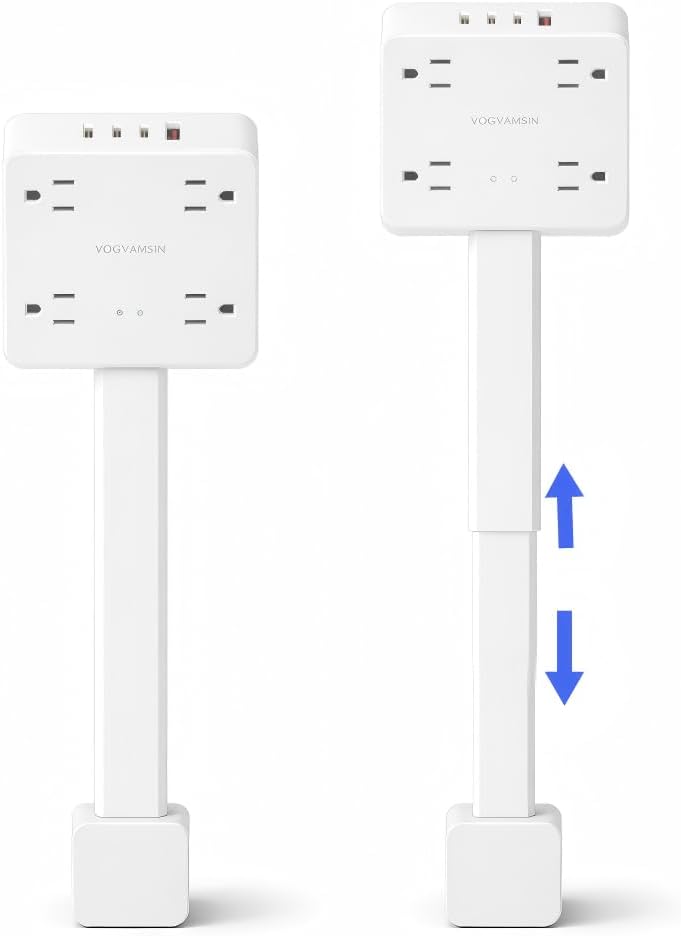 Electrical Outlet Extender Stick, 4 AC Outlets, 1 USB-A & 3 USB-C (PD20W), 1675W Power, 180° Rotation, 52cm Adjustable Length, Surge Protection, Ideal for Desks, Nightstands & More