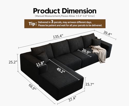 Image of 135.4 inch Cloud Modular Sectional Sofa Couch with L-Shape Chaise,Modern Minimalist Upholstered Couches for Living Room Bedroom,Deep Seat Corner Couch,No Assembly Required (Black,Left Facing Chaise)