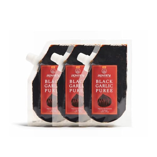 Image of Homtiem Black Garlic, Whole & Peeled, Fermented for 90 Days, Ready to Eat, Non-GMO, No Additives (5.25 Ounce (Pack of 3), Puree)