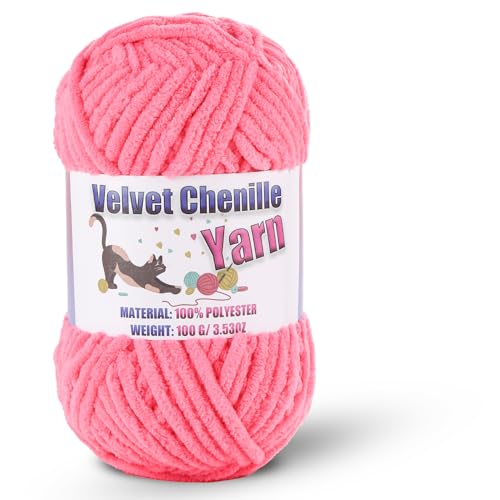 Image of Fluffy Chenille Yarn for Crocheting, Chunky Velvet Yarn for Crochet Amigurumi, Used for Making Baby Yarns Blanket, Clothes, Pattern Knitting Creations (1-Dark Pink)