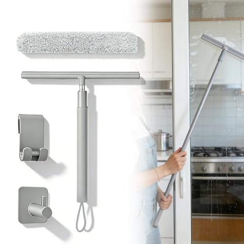 Rascador de ducha de mango largo, 30 – 120 cm, ajustable con soporte, extractor de ducha con ventosa, para cristal, azulejos, ventanas, espejos (gris)