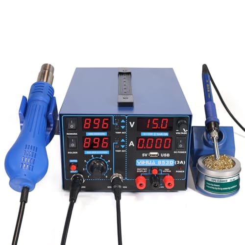 Image of YIHUA 853D USB 3A-Three Tools- Soldering Station, Hot Air Rework Station and Power Supply 0~3A, 0-15V with output and test modes. Also ºC /F display, Digital Cal, Sleep Function
