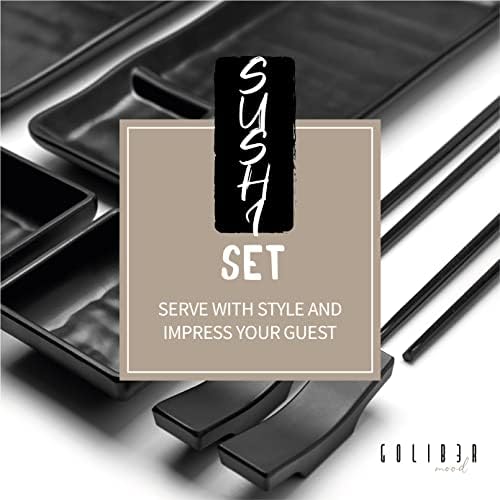 Goliber 8 Piece Japanese Style Sushi Plate Set - Includes 2 Sushi Plates and Soy Sauce Bowls, 2 Chopsticks, 2 Chopstick Holders Sushi Set for 2 Sushi Kit - Sushi Tableware Set -Melamine Sushi Dishes