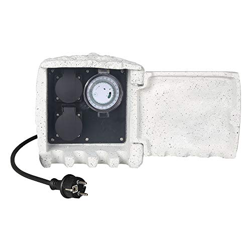 Toma de corriente para jardín con aspecto de piedra, color blanco, gris y marrón, 2 enchufes, con temporizador y 4 enchufes, incluye cable de 5 m