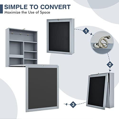 Ifanny Folding Wall Desk, Wall Mounted Fold Out Desk With Storage Shelves & Hooks, Hideaway Desk Wall Mount With Chalkboard, Floating Corner Desk For Small Spaces (Gray) #TOP3