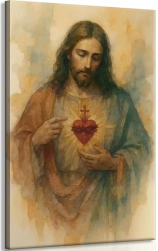 Framed Sacred Heart of Jesus Canvas Wall Art Divine Mercy Wall Decor Pictures Jesus Portrait Poster Print Christian Religious Painting Artwork for Living room bedroom decoration 12x16in
