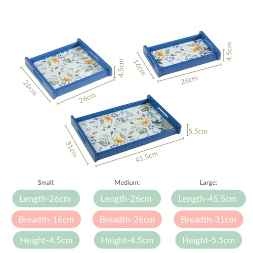 Image of Nestasia Wooden Serving Trays Set of 3 Different Sizes | Nested Design with Floral Print, Easy-Grip Handles, and Non-Slip Base | Ideal for Seving Snacks, Beverages, Desserts, Coffee, Breakfast