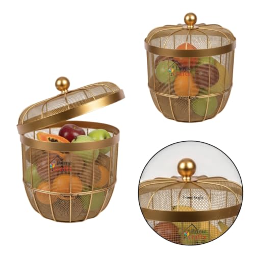 Image of Decorative Insect-Resistant Fruit and Vegetables Basket with Lid | Countertop Mesh (Jaali) Design Fruit Storage Basket for Kitchen, Dining Table, Living Room - Gold