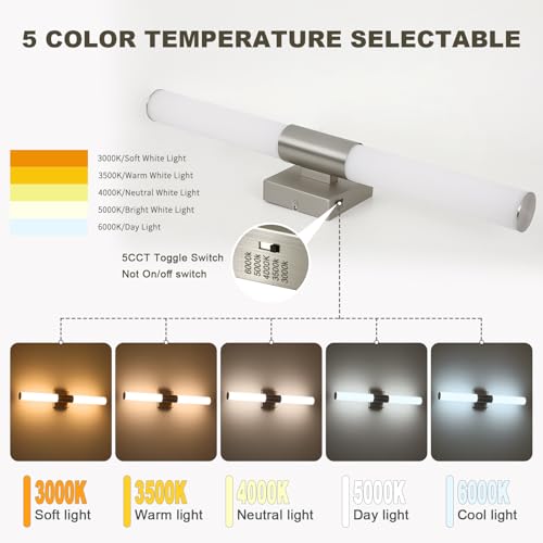 Image of Brushed Nickel Bathroom Light Fixture 5CCT Dimmable 18W Led Bathroom Vanity Lights Over Mirror Modern Bath Lights for Mirror