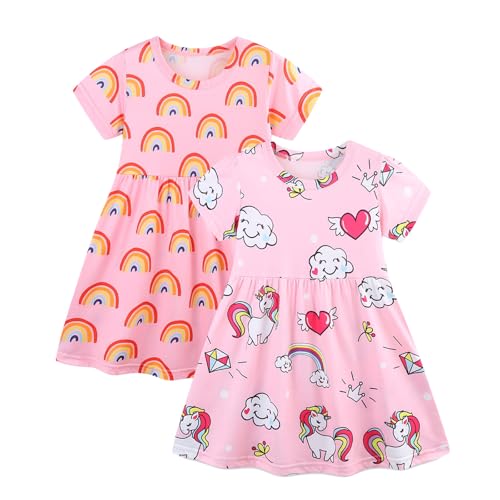 Toddler Girl Summer Short Sleeve Dress Casual Playwear Print Dresses 2-Pack