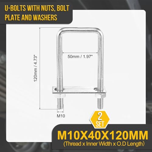 Image of DTGN M10x50x120mm U Bolts Square Kit - 2Set - 304 Stainless Steel U-Bolt Kit with Nuts, Washers, Frame Plate - Good for Pipe, Trailer, Automotive, Leaf Spring Fastener