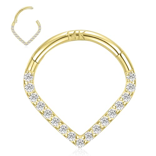 FUNLMO 14K Solid Gold Clear Cube Zircon Teardrop Septum Daith Jewelry Nose Ring Hoop Yellow Gold Cartilage Earring Tragus Helix Rook Daith Conch Piercing Jewelry 16G 8mm 10mm