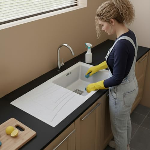 Image of ARQUIN Quartz Kitchen Sink with Drainboard 36x18x9 Inch Sand Pluto Granite sink for kitchen basin,UV Protected, Undermount /Topmount Noise Reducing
