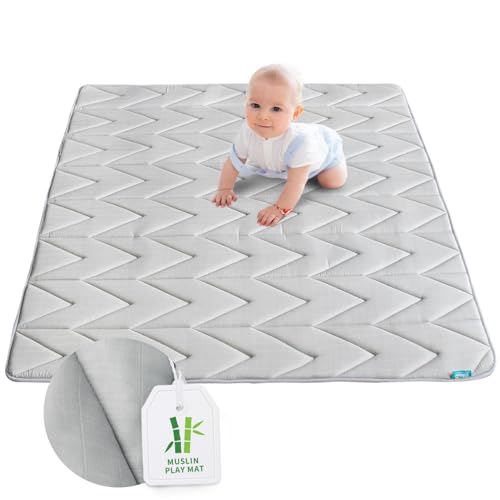 Image of Baby Play Mat 50×50, Muslin Kids Play Mat Fits for Dripex & Suposeu Playpen, One-piece Crawling Mat for Baby & Toddler to Play on Floor, Non Slip, Gray