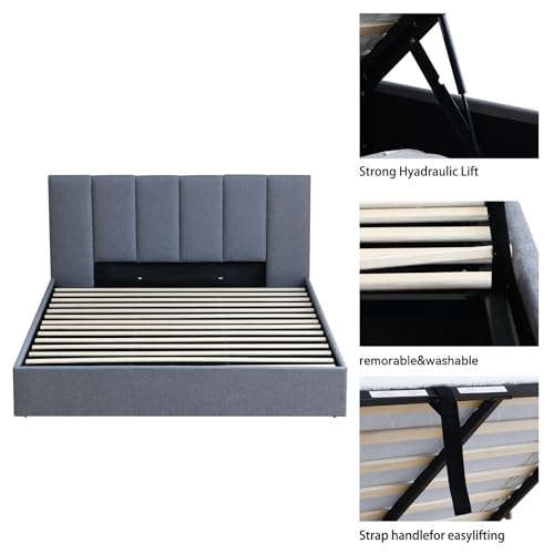 Lift Up Storage Bed Queen Size, Linen Upholstered Platform Bed Frames with Storage Underneath, Soft Modern Bed Frame Strong Hydraulic Lift, No Box Spring Needed, Grey