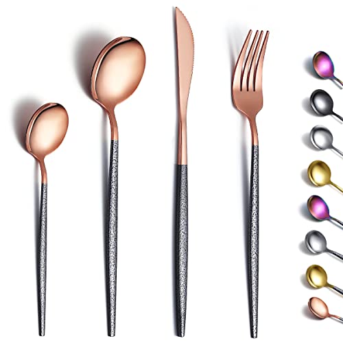 Kyraton Cutlery Set 24 Pieces with Moon Surface Black Handle and Shiny Rosegold Mouth Titanium Coating Stainless Steel Modern Cutlery Set Utensils Set,Dishwasher Safe, Service for 6