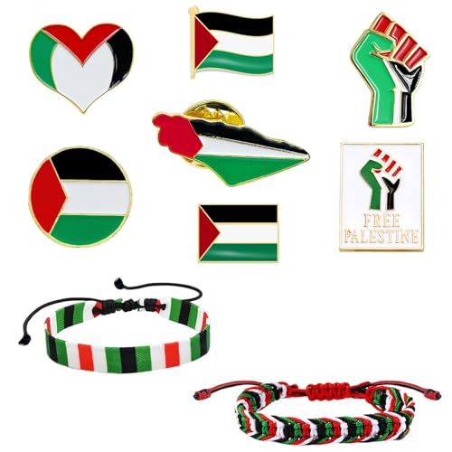 aieieii 9 Pcs Palestine Bracelet and Palestine Pin Set Funny Pin Badges Braided Mens Bracelets Fashion Accessories Adjustable Suitable for Stacking Wear Suitable for Daily Wear By Men and Women