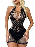 Buitifo Damen Body Einteiler Babydoll Netz-Top Shirts Dessous Bodys Rave-Outfits(Schwarz 4,M)