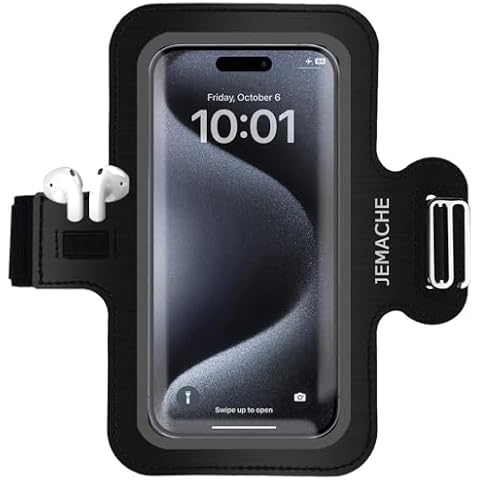 JEMACHE Minimalism Design Running Phone Armband for iPhone 16 15 14 13 12 11 Pro Max, Samsung Galaxy S24 S23 S22 Ultra/Plus with Earphone Holder (Black, Large) Cover