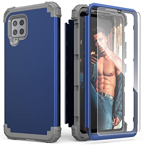 IDweel Galaxy A42 5G Case with Tempered Glass Screen Protector, Hybrid 3 in 1 Shockproof Heavy Duty Hard PC Cover Soft Silicone Rugged Durable Bumper Full Body Cover for Samsung Galaxy A42,Blue