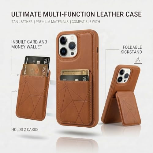 Image of amazon basics Premium Vegan Leather Back Cover with Card Holder and Integrated Mobile Stand for iPhone 14 Pro Max - Slim Shockproof Wallet Case with Geometric Stitching [Tan]