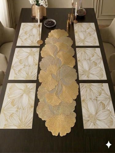 Image of Dakshya Industries PVC Waterproof Table Placemat & Table Runner Combo Set | 6 Dining Table Mats + 1 Runner | Heat Resistant, Washable, Non-Slip Table Mat Set (Signature PVC)
